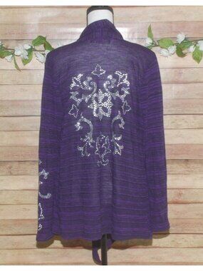 Unique Absolutely Famous Purple Open Front Cardigan Sweater Size L Studded Back